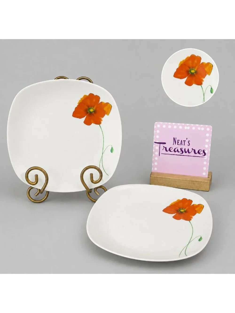 Tabletops PALERMO Oeange Poppies Floral Square Porcelain White Salad Plate Set 2